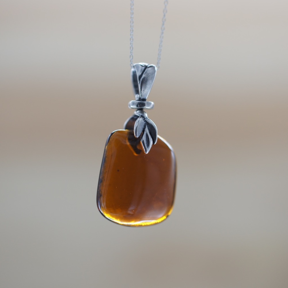 Beer Bottle Glass Brown Necklace Sterling Silver Leaf Nature Jewelry Seaglass
